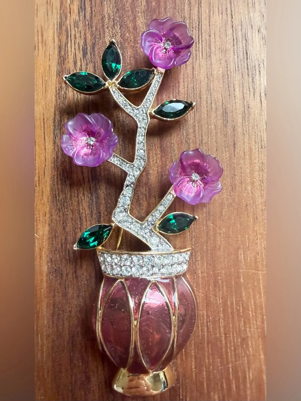 VTG Large Flower Pot Rhinestone Pink and Emerald Floral Vase Brooch Pin Gold